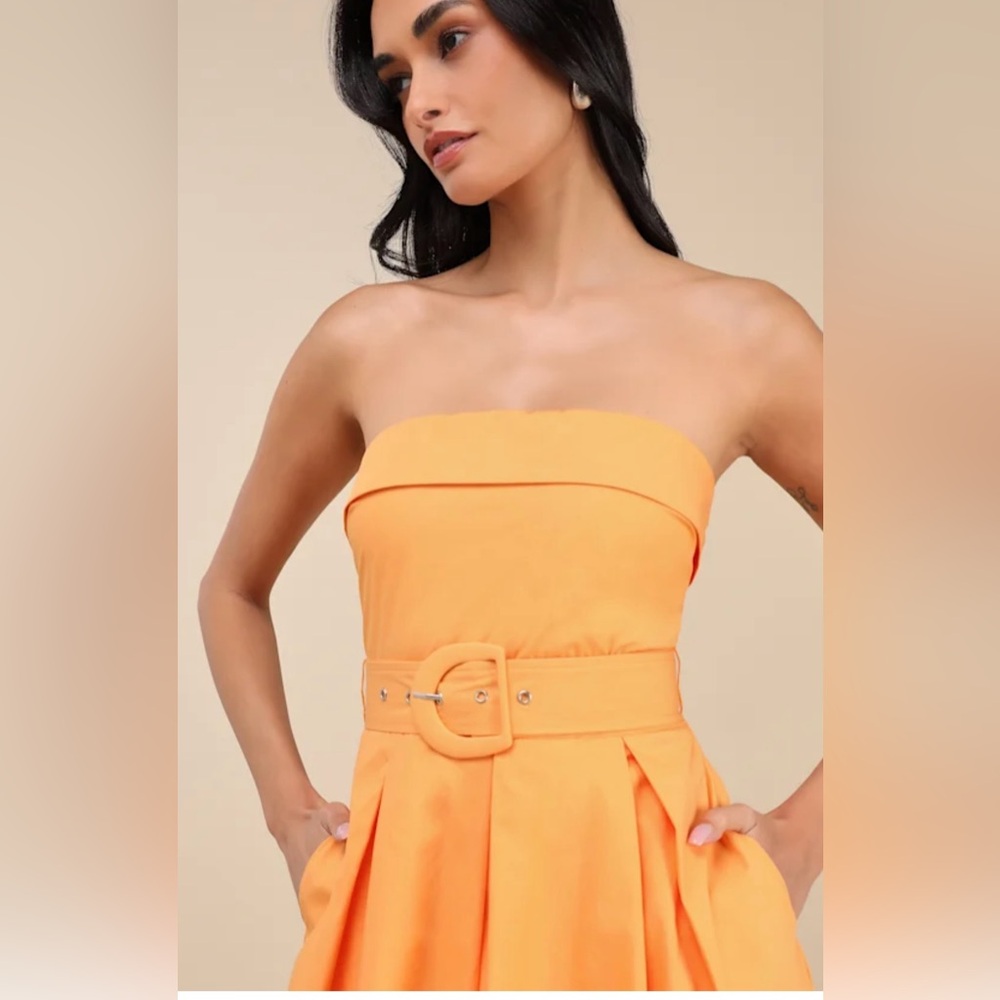 Lulus Trendsetting Choice Orange Strapless Midi Dress with pockets. NWT. Small - Picture 4 of 6